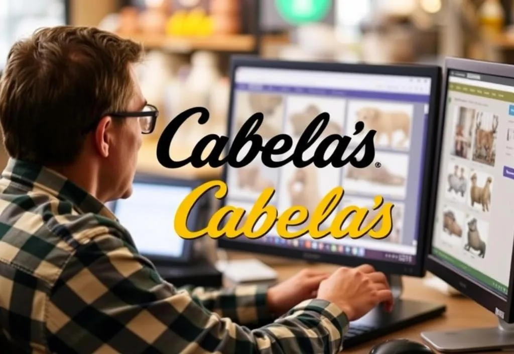 A digital image of a person shopping on a computer with a Cabela's logo