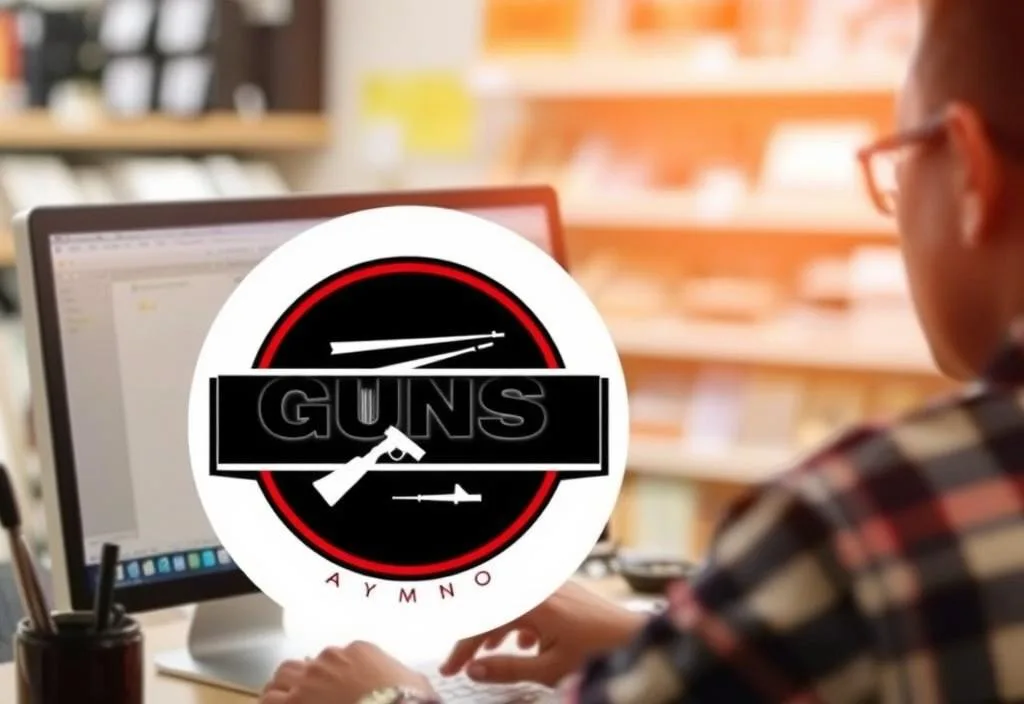 A digital image of a person shopping on a computer with a Guns & Ammo logo