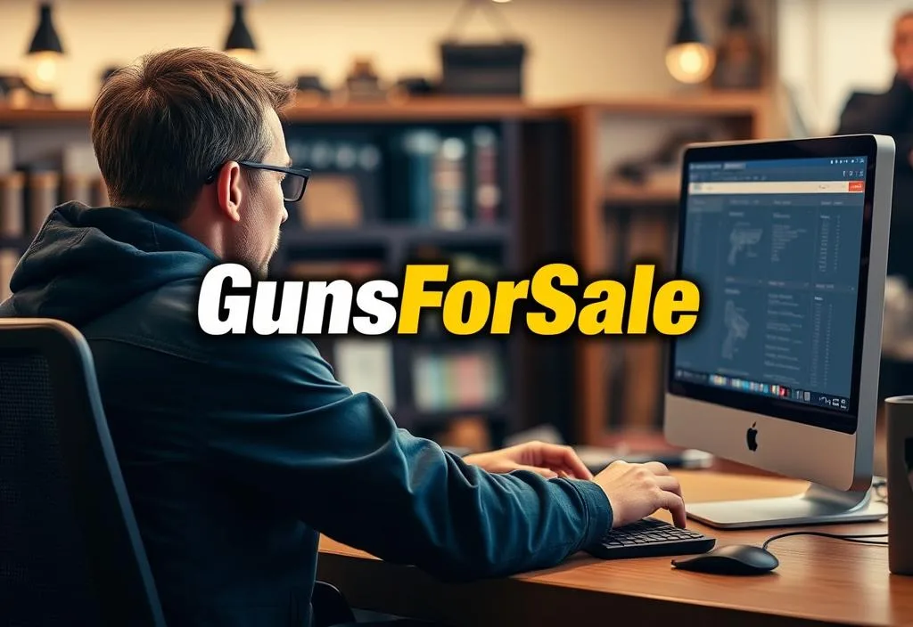 A digital image of a person shopping on a computer with a GunsForSale logo