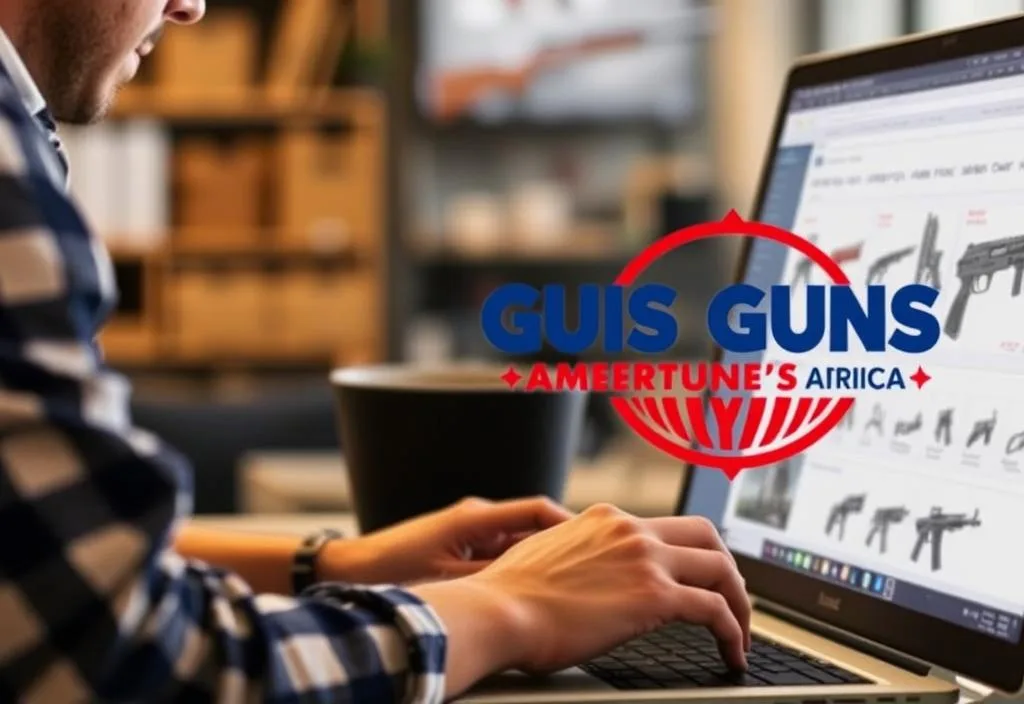 A digital image of a person shopping on a computer with a GunsAmerica logo