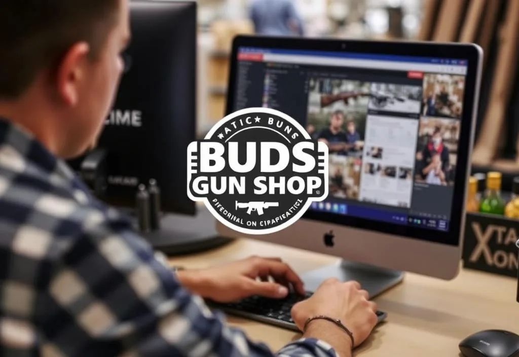 A digital image of a person shopping on a computer with a Buds Gun Shop logo