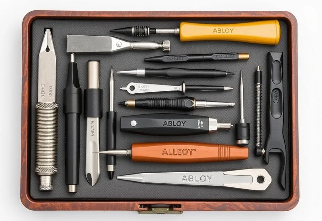 A photo of the Abloy Lock Pick Set with its various tools