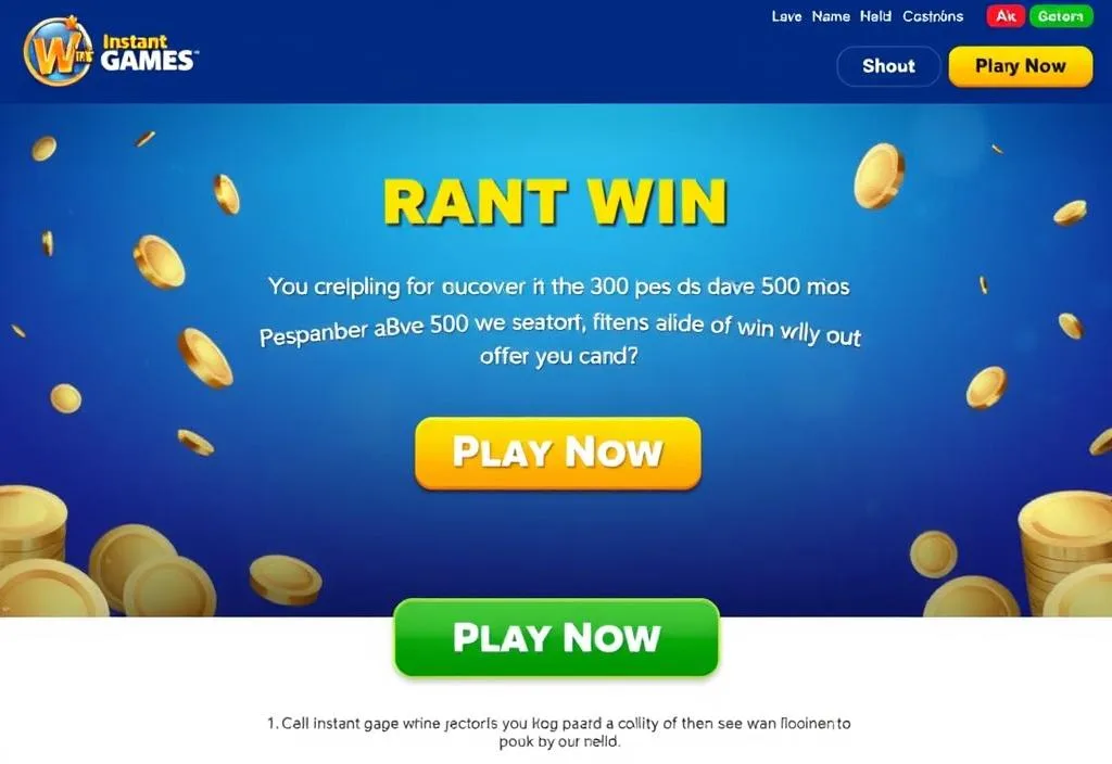 A screenshot of an instant win game website with a 'Play Now' button