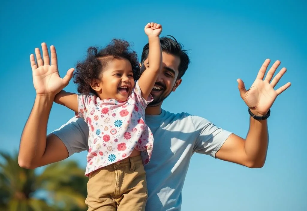 A father and child cheering each other on