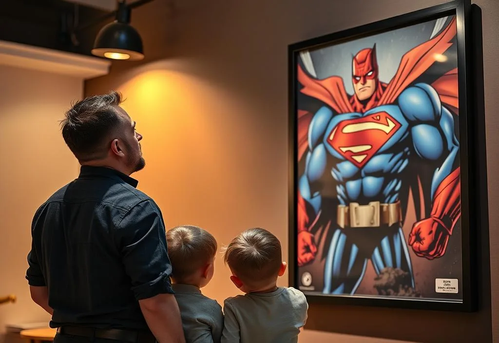 A father and child admiring a superhero poster