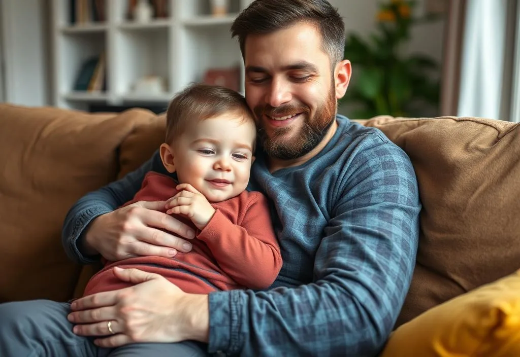 A father and child cuddling on the couch