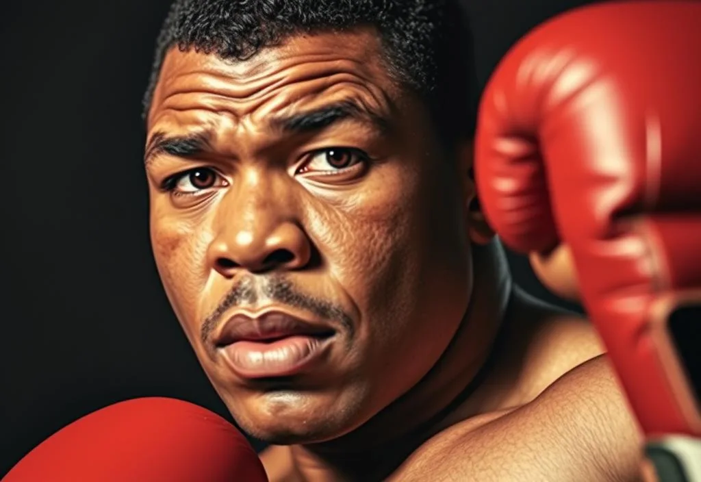 A portrait of Joe Louis, with a powerful expression and a boxing glove