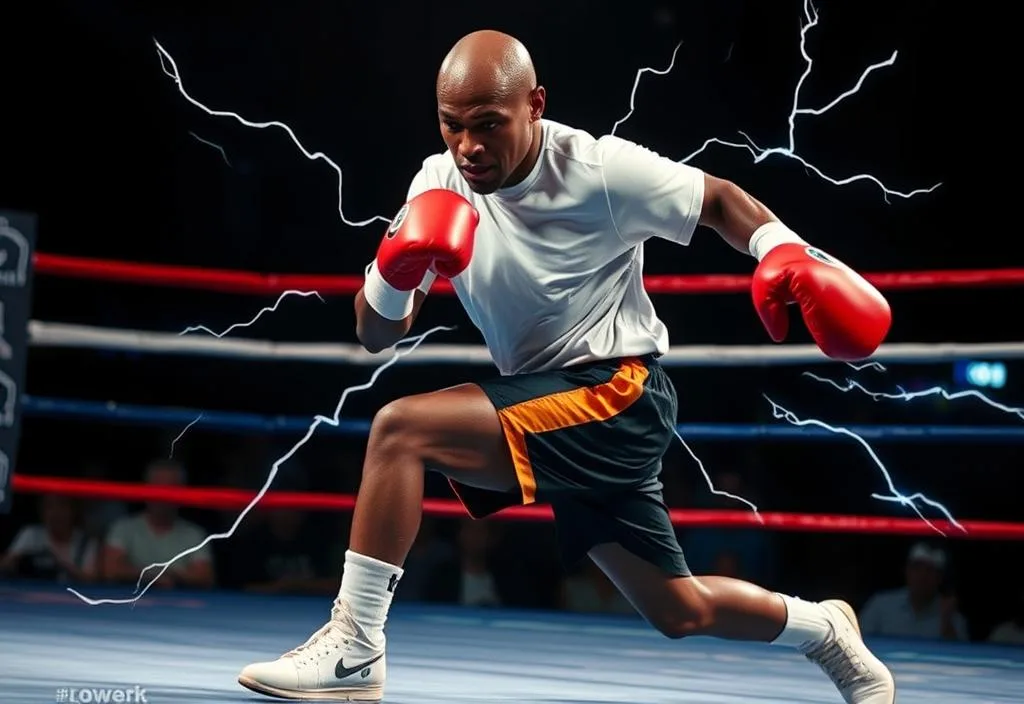 A photo of Floyd Mayweather Jr. in action, showcasing his lightning-fast footwork and hand speed