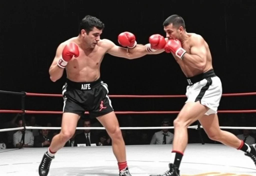 A photo of Rocky Marciano in action, showcasing his formidable punching power and footwork