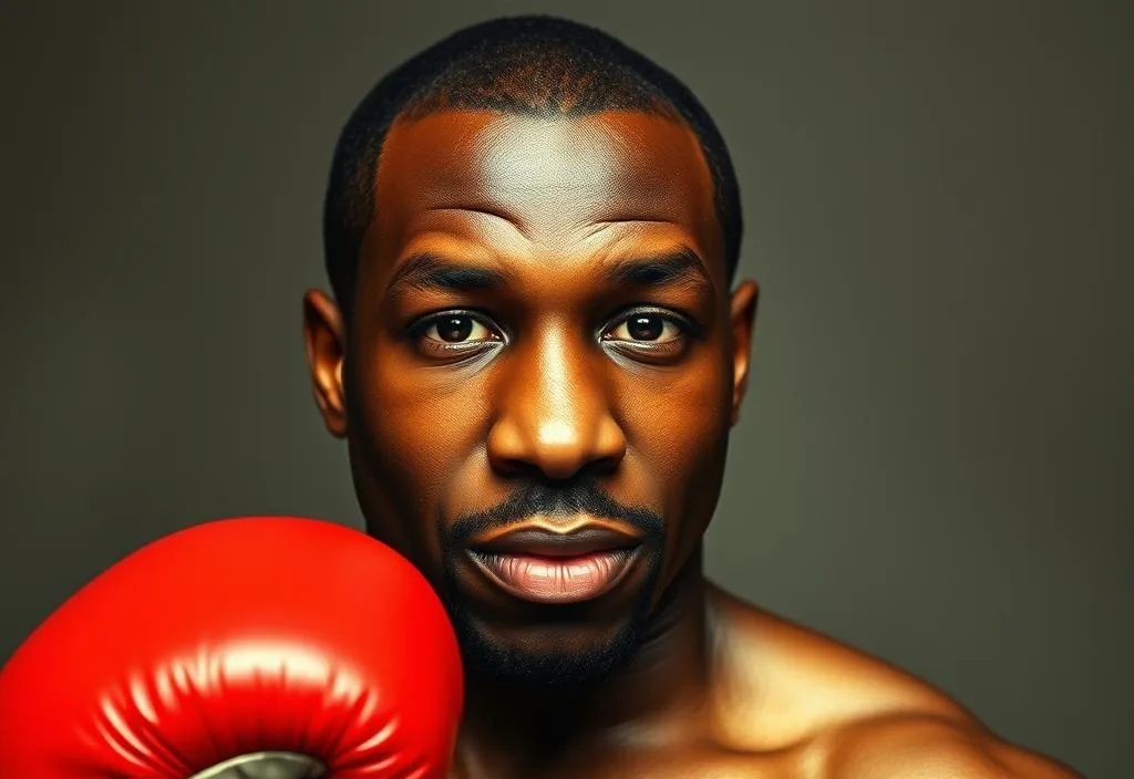 A portrait of Marvin Hagler, with a confident expression and a boxing glove