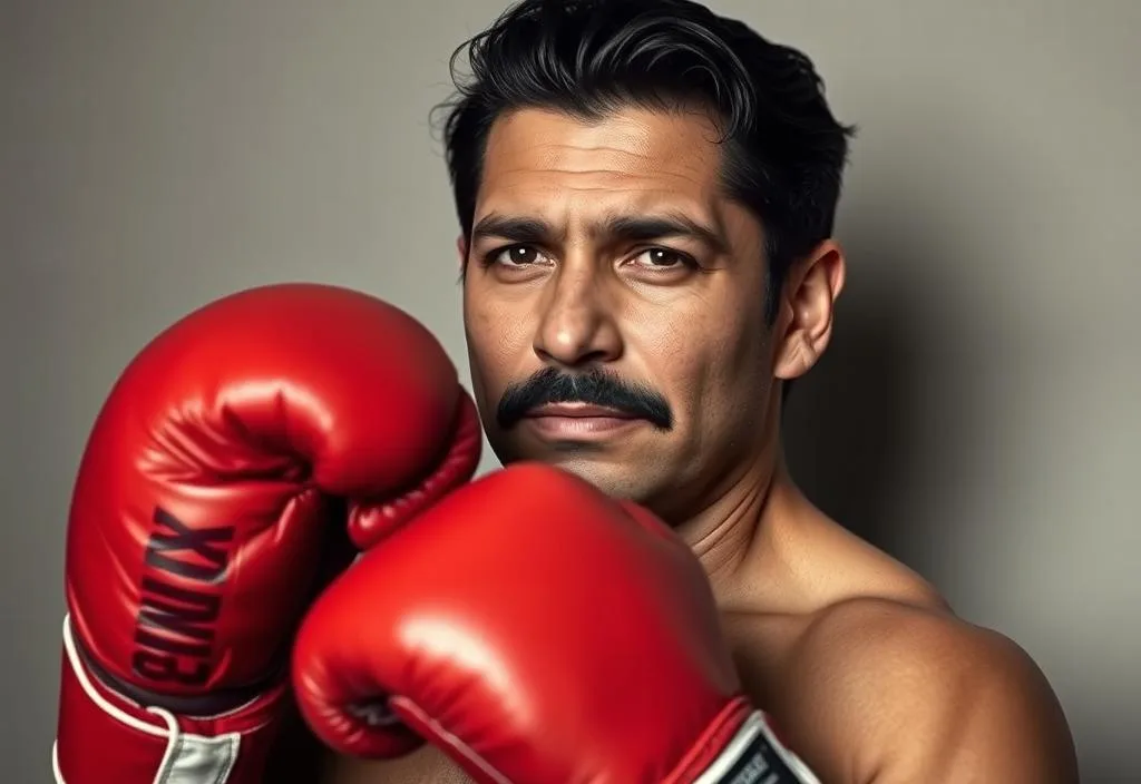 A portrait of Roberto Duran, with a confident expression and a boxing glove