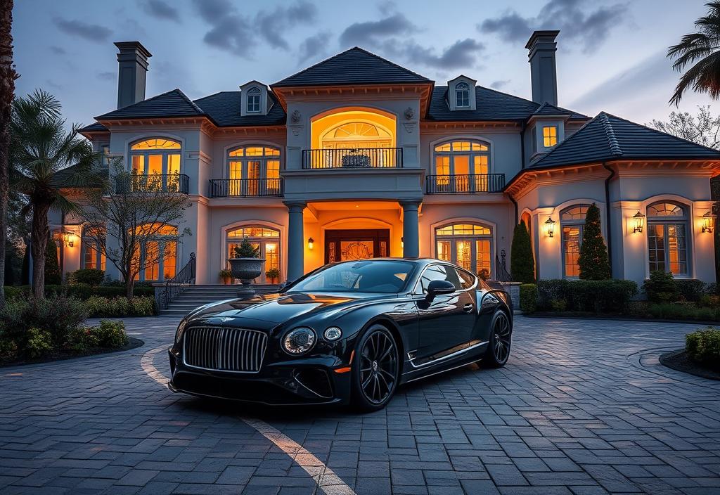 A photo of a mansion with a luxury car in the driveway