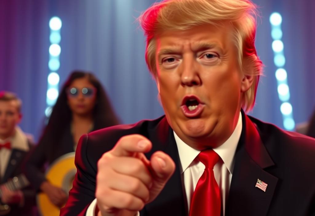 A screenshot of a music video featuring Donald Trump