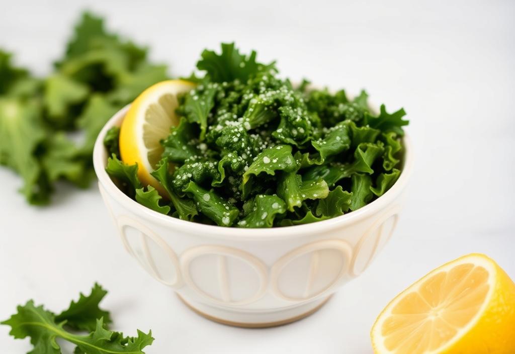 A bowl of fresh kale with a sprinkle of lemon juice