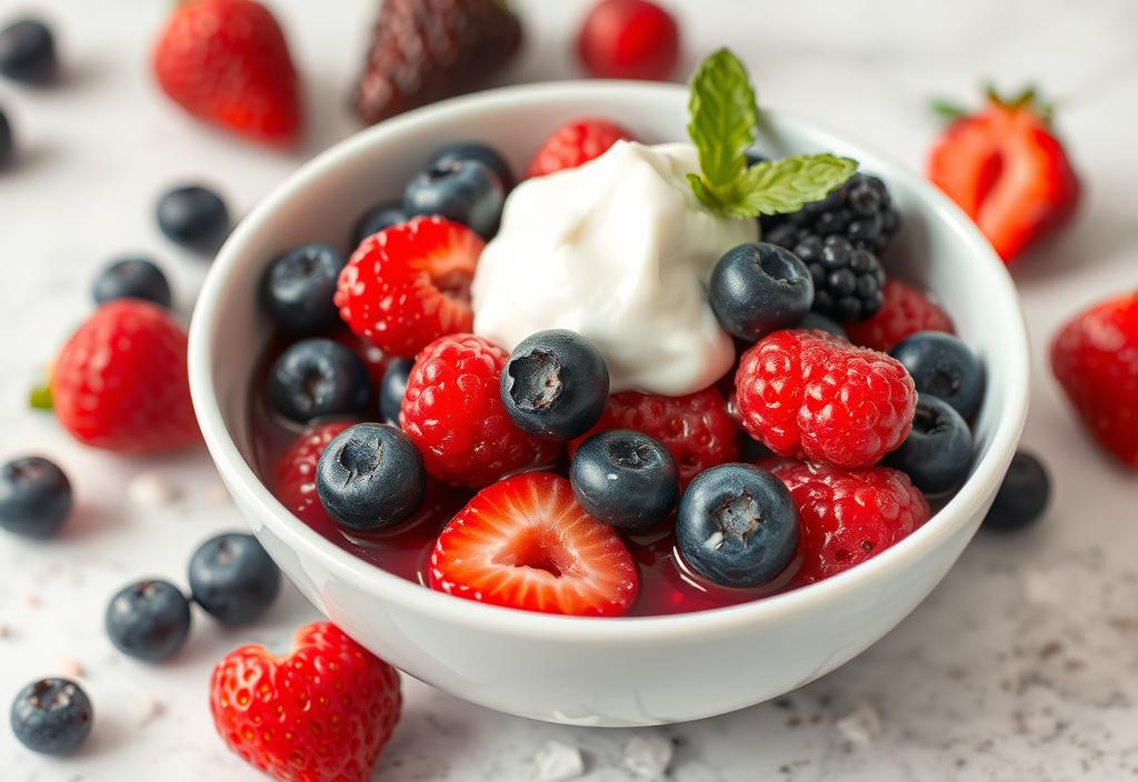 A bowl of mixed berries with a dollop of yogurt