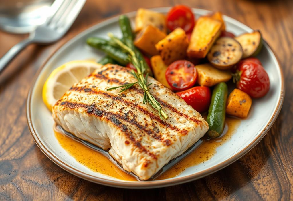 A grilled salmon fillet with a side of roasted vegetables