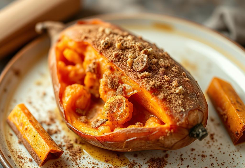 A roasted sweet potato with a sprinkle of cinnamon