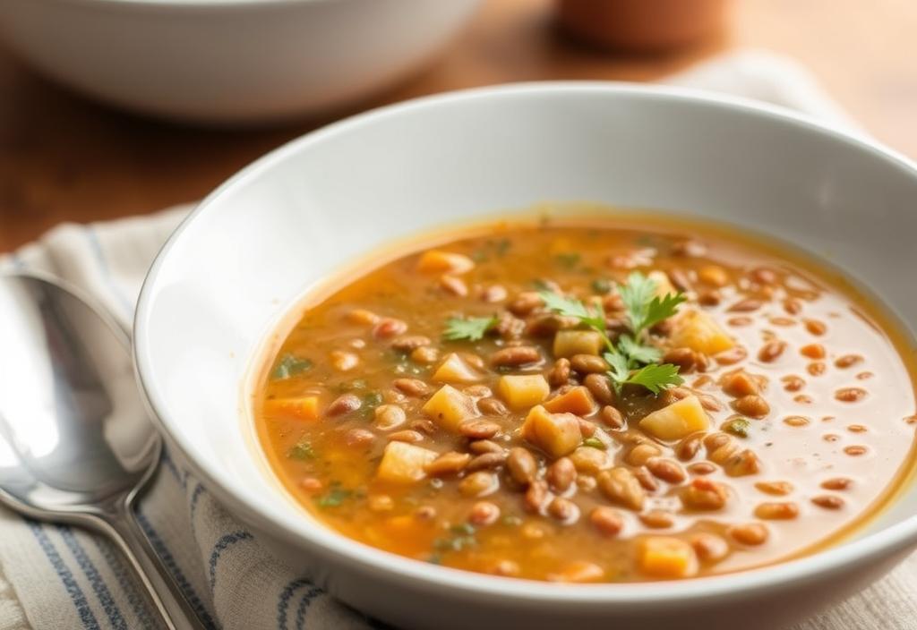 A bowl of lentil soup with a side of crusty bread