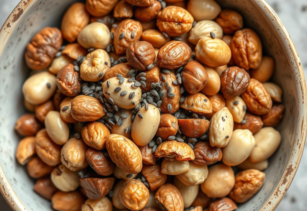 A bowl of mixed nuts with a sprinkle of chia seeds