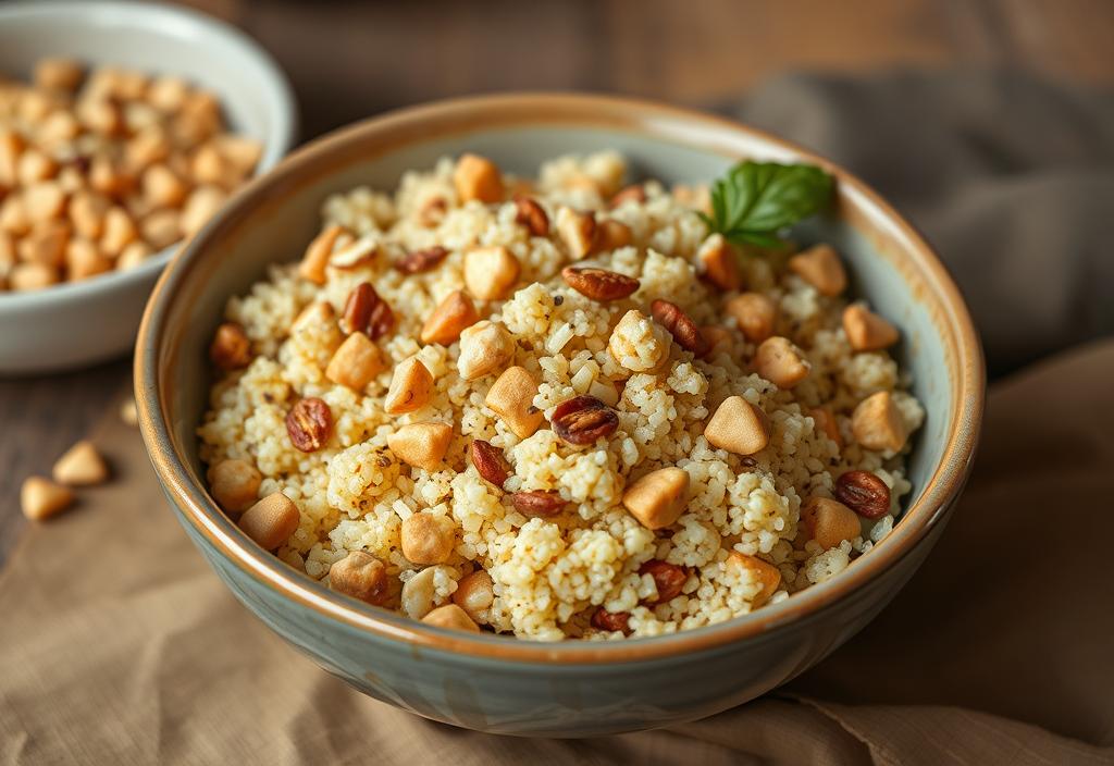 A bowl of quinoa with a sprinkle of chopped nuts