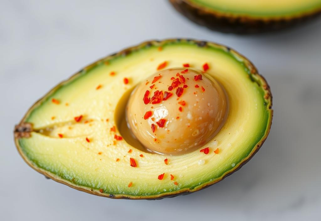 A sliced avocado with a sprinkle of red pepper flakes