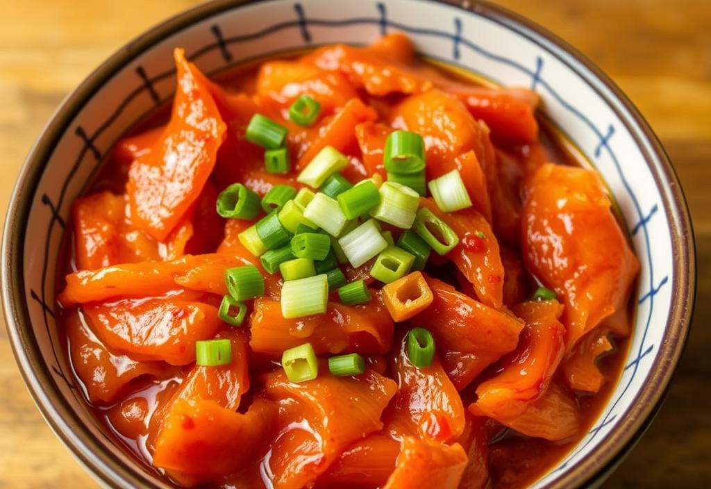 A bowl of kimchi with a sprinkle of chopped green onions