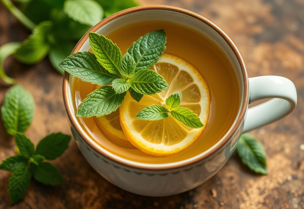 A cup of peppermint tea with a slice of lemon