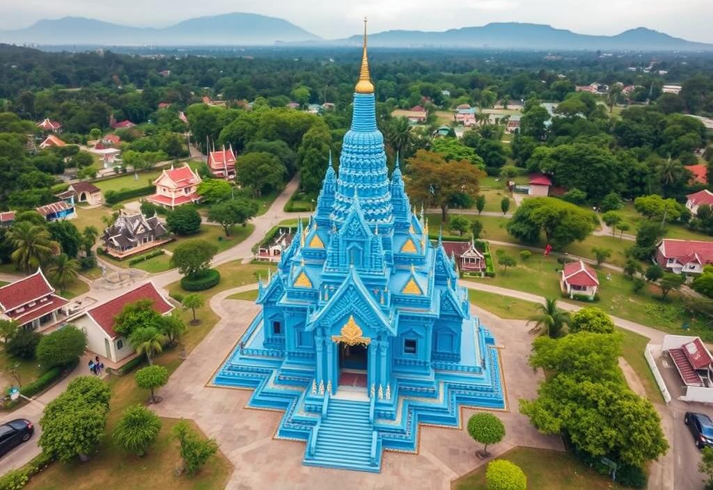 Aerial view of Blue Temple in Chiang Rai, Thailand