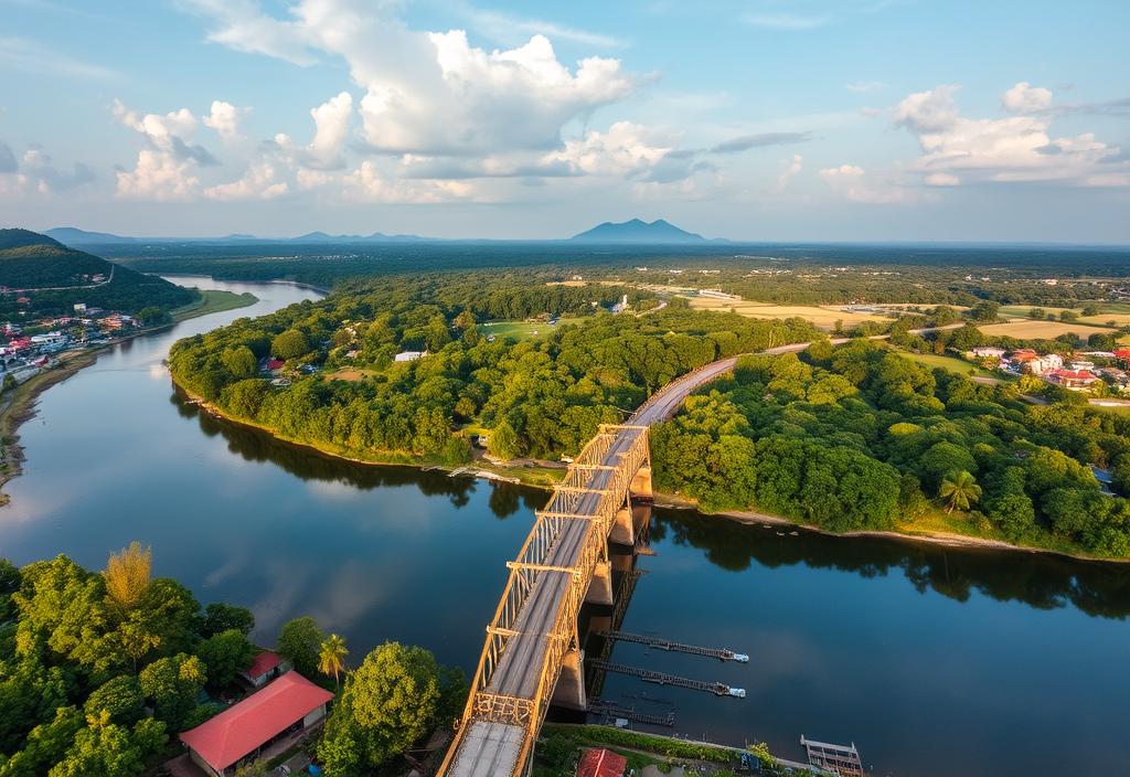 Aerial view of Bridge over the River Kwai in Kanchanaburi, Thailand