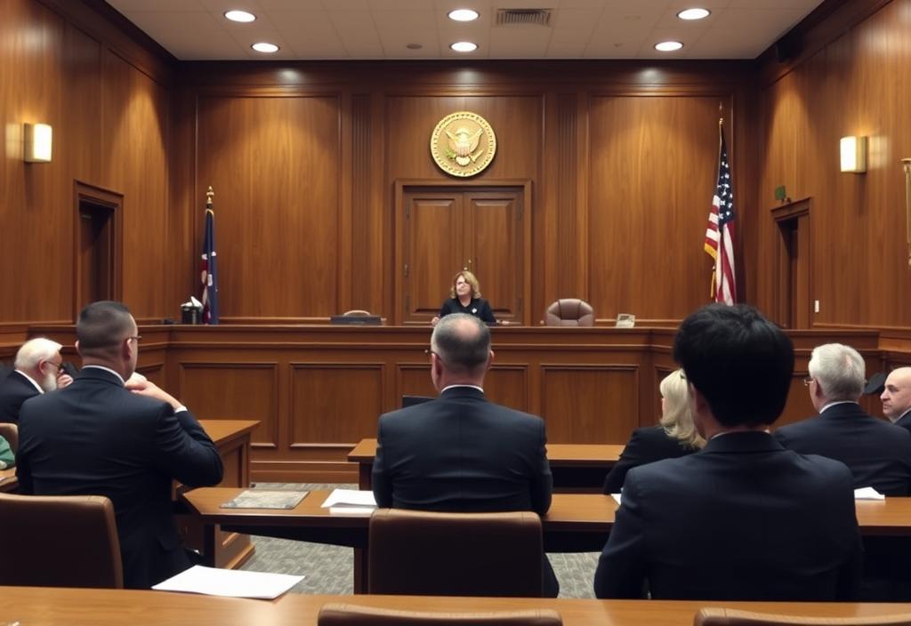 A photo of the courtroom during the trial