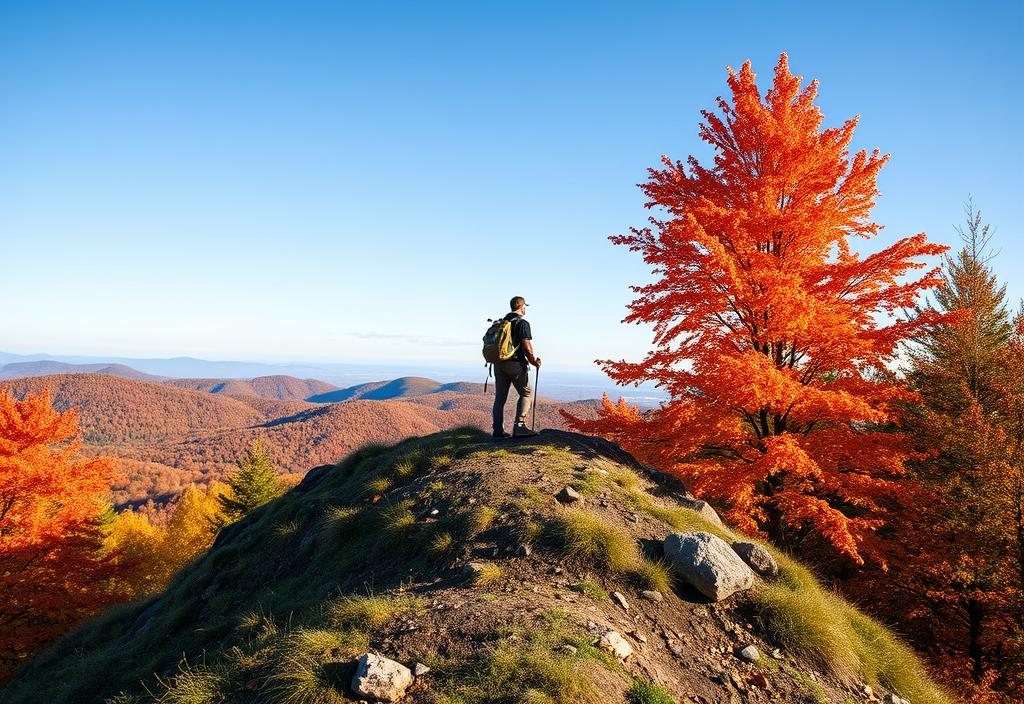 A hiker standing at the top of a hill, surrounded by vibrant fall foliage