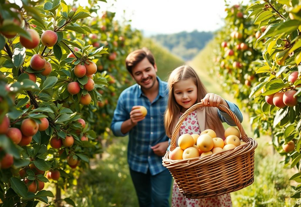 A family picking apples in an orchard, with a basket full of fresh fruit