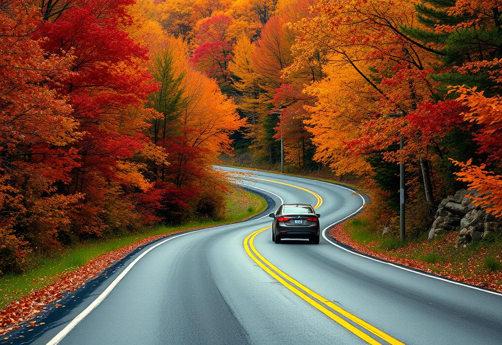 A car driving down a winding road, surrounded by vibrant fall foliage