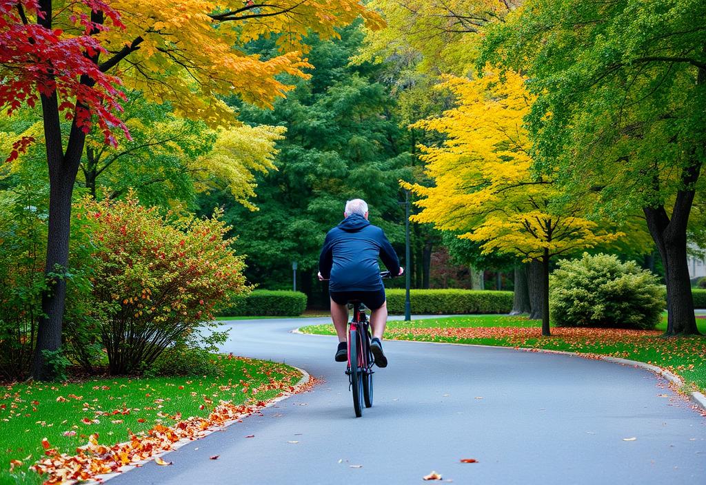 A person riding a bike through a park, surrounded by fall foliage