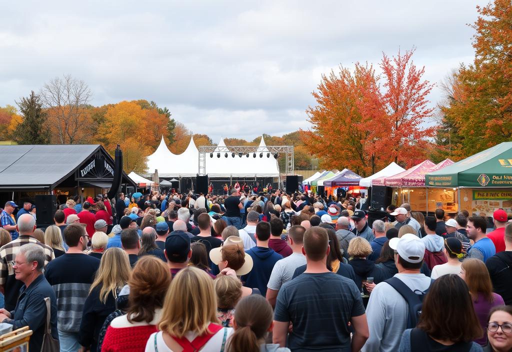 A crowd of people attending a fall festival, with a stage and food vendors