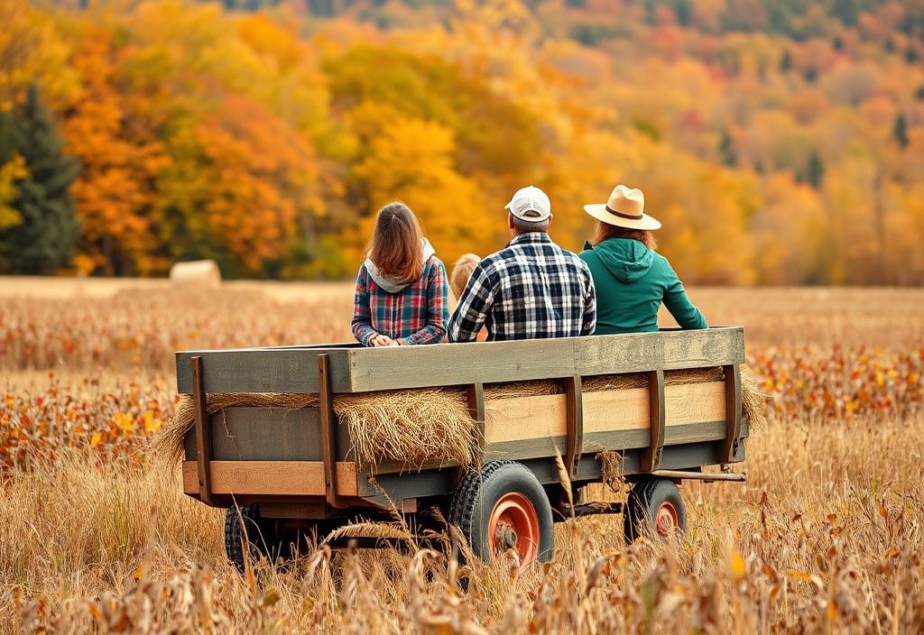 A family taking a hayride through a field, surrounded by fall foliage