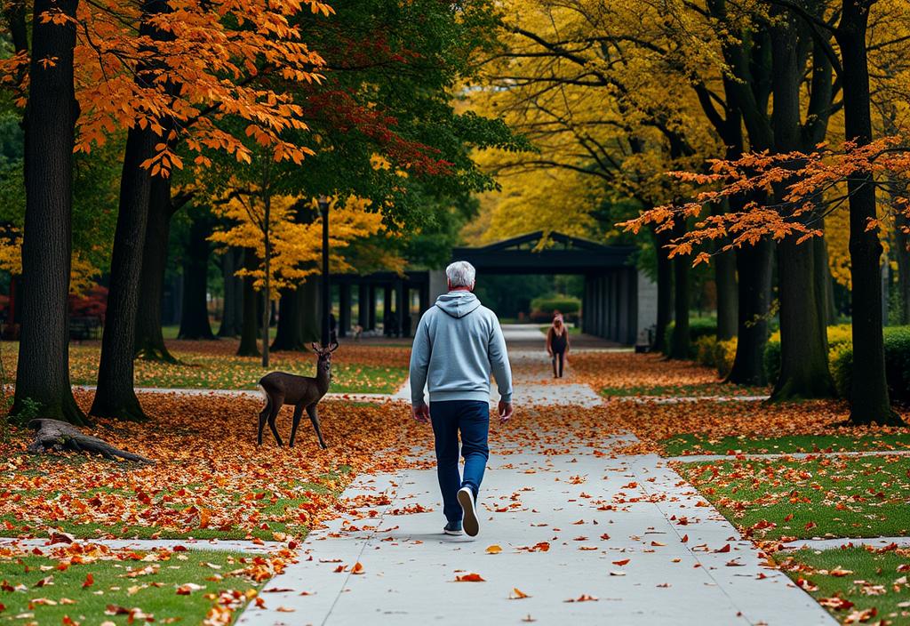 A person walking through a park, surrounded by fall foliage and wildlife