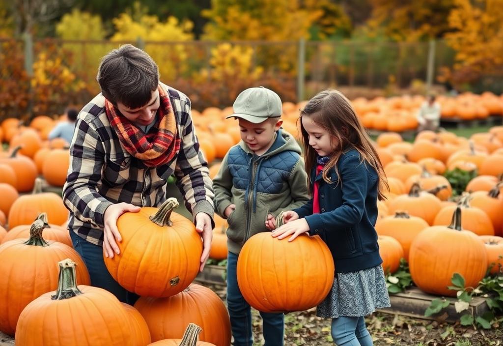 A family picking out a pumpkin at a pumpkin patch, surrounded by fall foliage