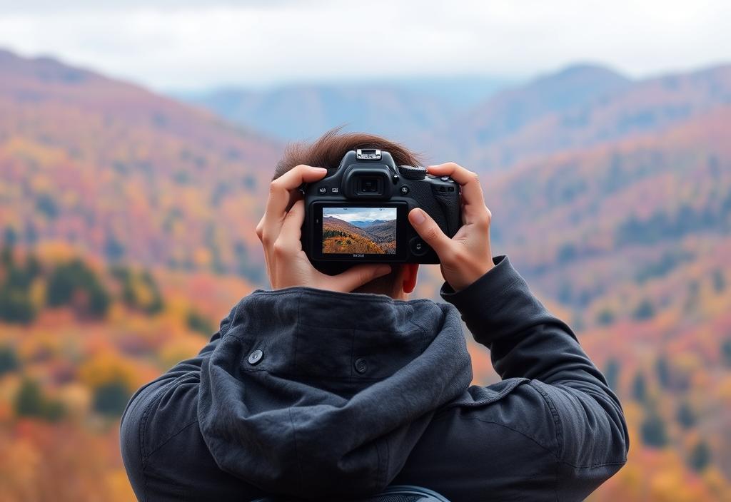 A person taking a photo of a fall landscape, with a camera in hand