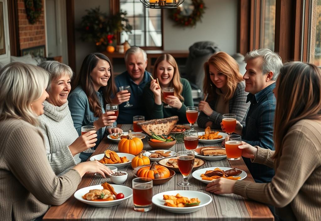 A group of people gathered around a table, enjoying fall-themed food and drinks