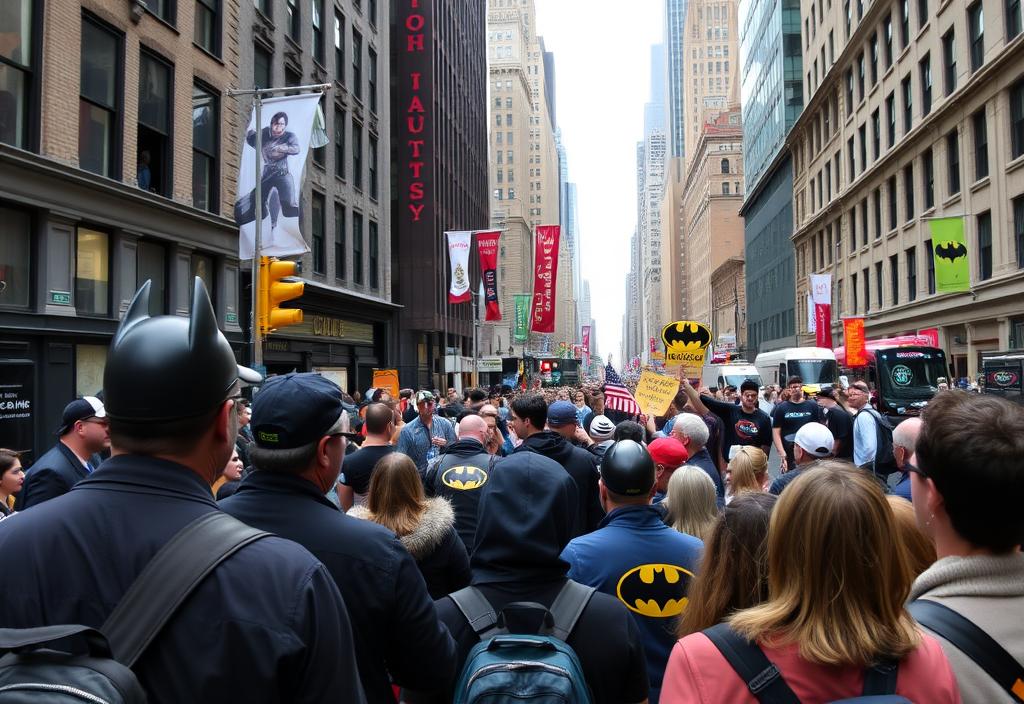 A group of people watching the Batman Day Parade in NYC