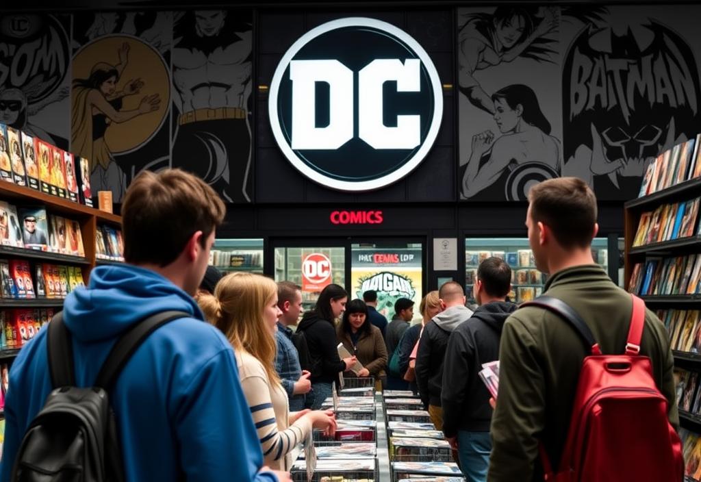 A group of people shopping at the DC Comics Store