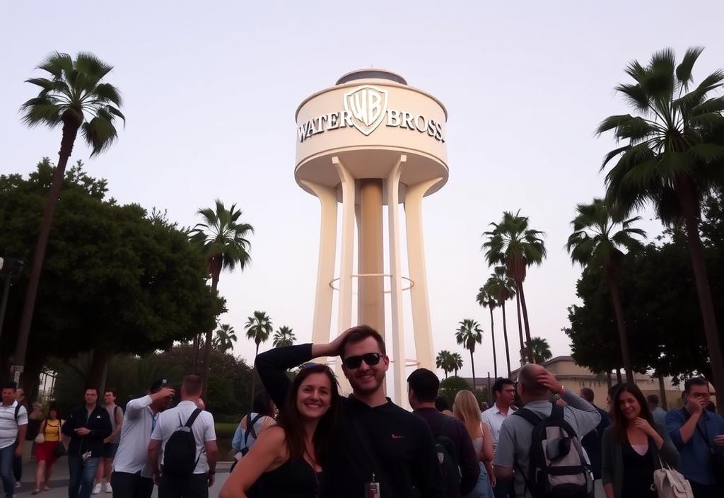 A group of people taking a photo in front of the Warner Bros. Water Tower