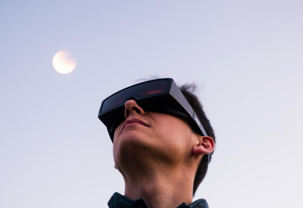 A person wearing protective eyewear while viewing a lunar eclipse