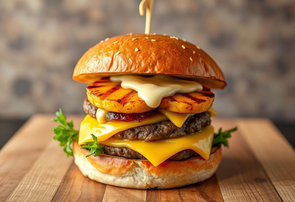 A gourmet cheeseburger with truffle aioli and grilled pineapple