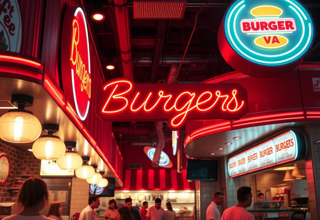 A bustling burger joint with a neon sign reading 'Burgers'