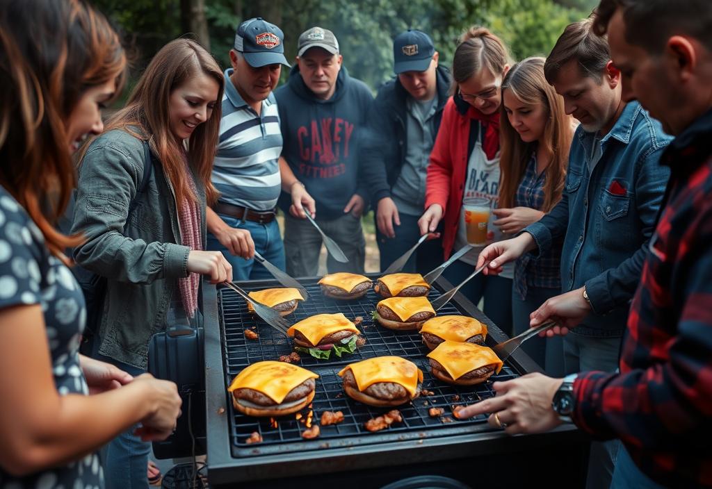 A group of people gathered around a grill, cooking cheeseburgers