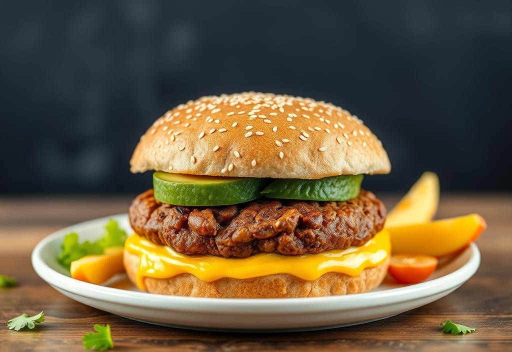 A plant-based cheeseburger with a black bean patty and avocado