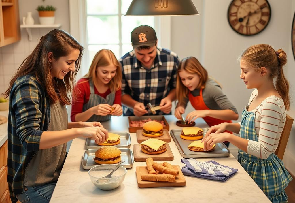 A family gathered around a table, making cheeseburgers together