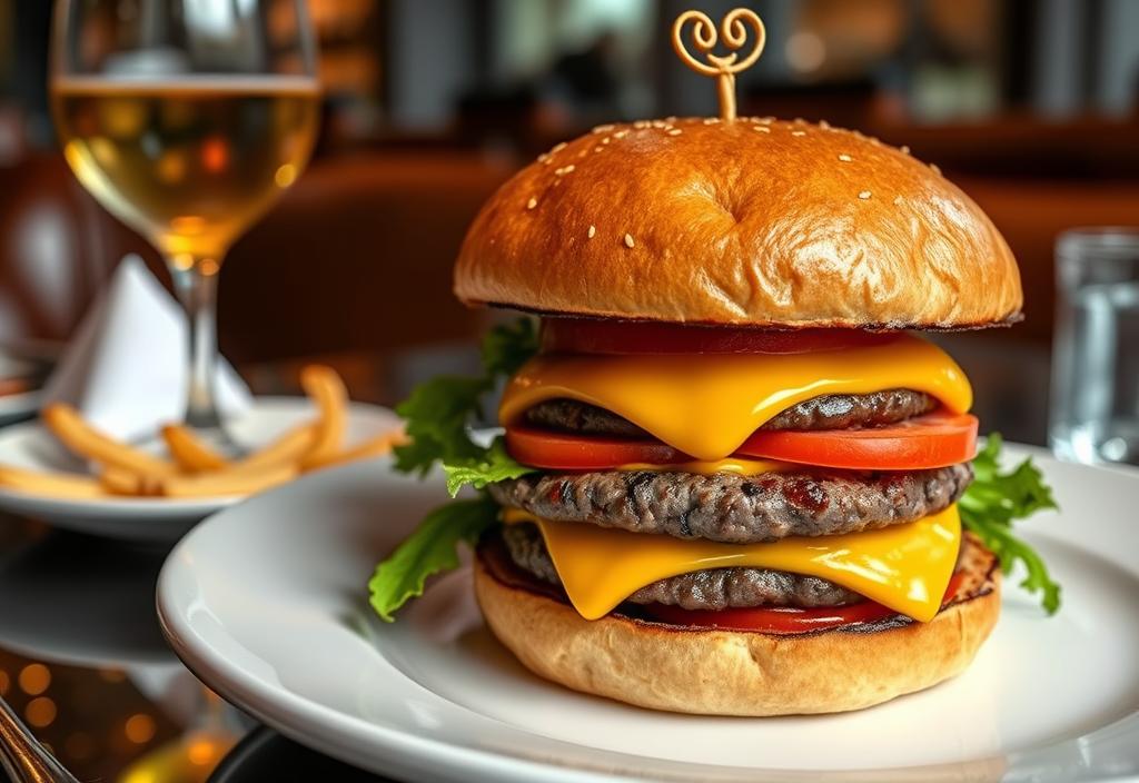 A gourmet cheeseburger at a high-end restaurant with a fancy presentation